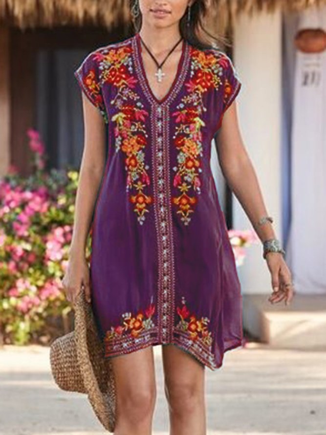 Women Short Sleeve Embroidered Shift V Neck Dress