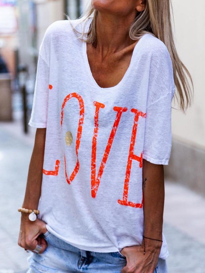 Love Print Round Neck Short Sleeves Casual T-Shirt