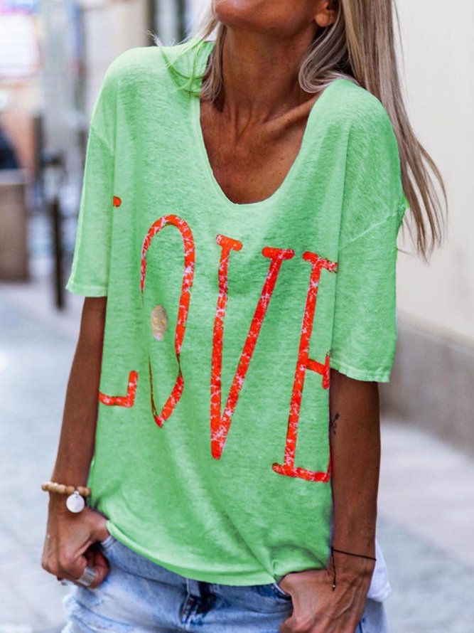 Love Print Round Neck Short Sleeves Casual T-Shirt