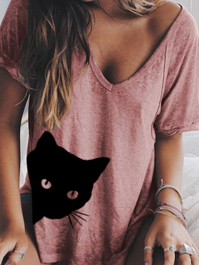 Summer Cat Printed V neck Loose T Shirt Top