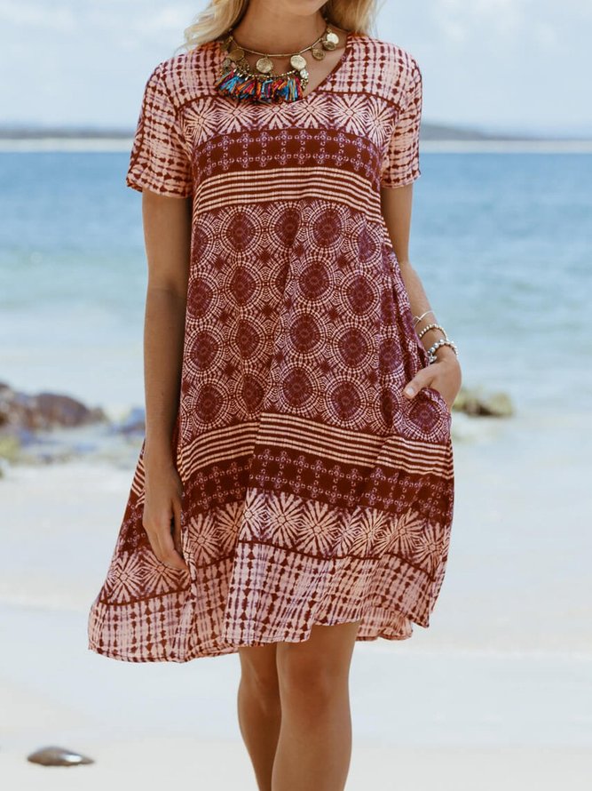 Cotton-Blend Short Sleeve Printed Weaving Dress