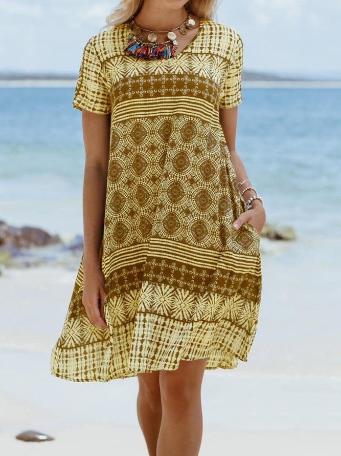 Cotton-Blend Short Sleeve Printed Weaving Dress