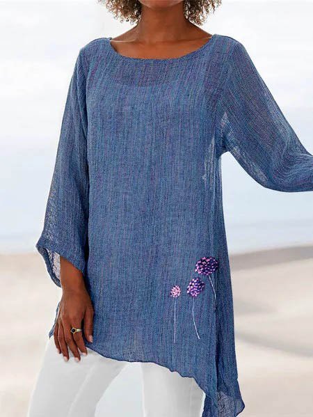 Floral Summer Beach Crew Neck Linen Long Sleeve Blouse