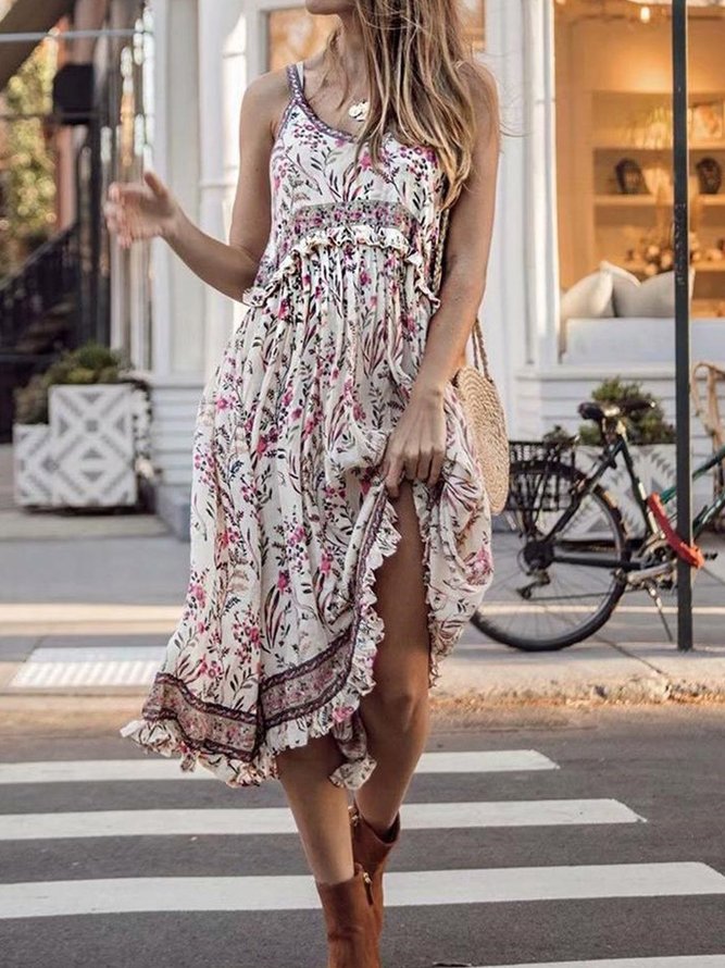Cotton Sleeveless Boho Floral Dress Dresses Roselinlin Summer Dresses Casual Dresses Short Sleeve Casual Dresses Roselinlin