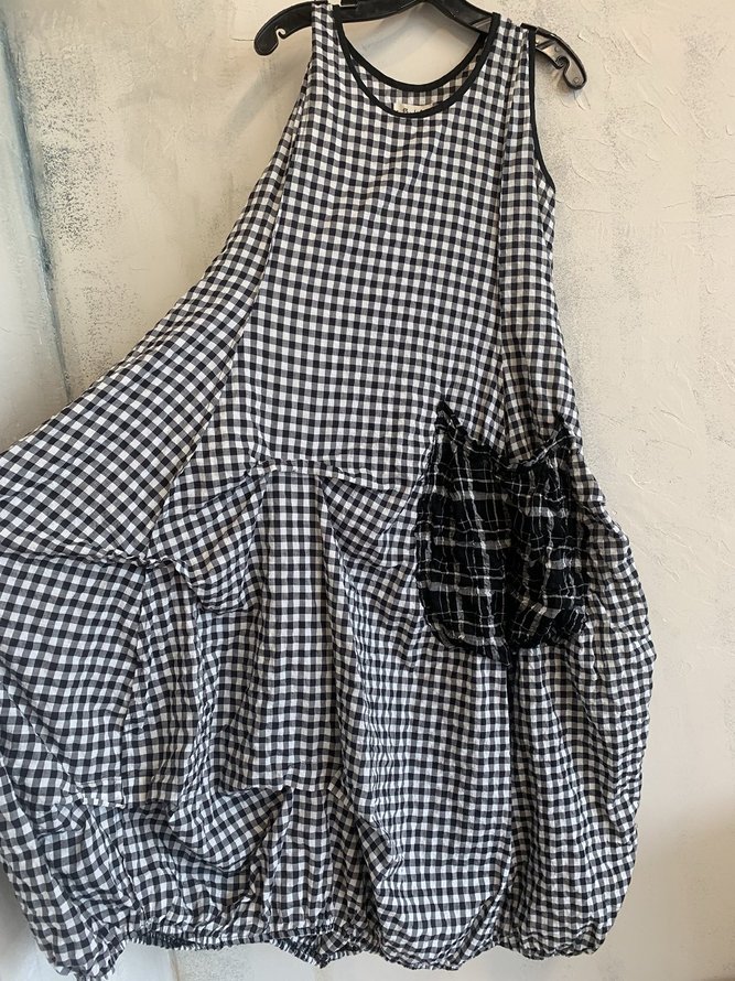 Plus Size Checkered  Summer MIdi Women Dress With Pockets