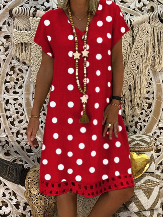 Polka Dots Hollow Out Hem V Neck Short Sleeve Vacation Midi Dress