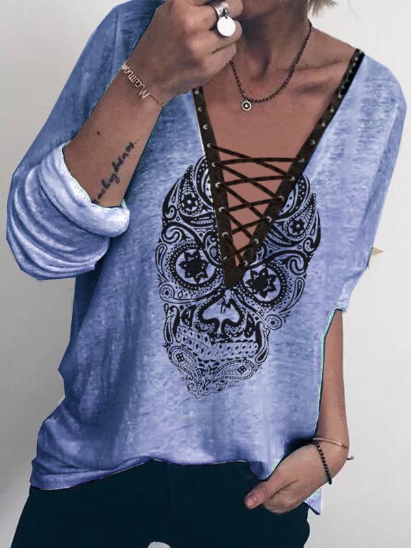 Women's Casual Long Sleeve V Neck Lace-up Tops