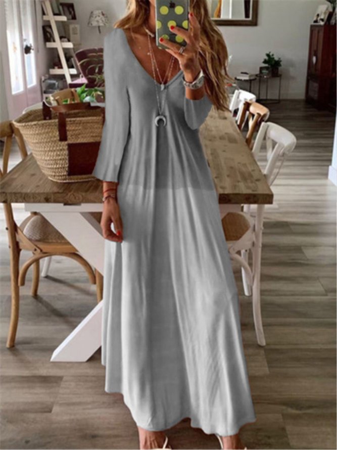 Graphic Printed Casual V-neck Long Sleeve Maxi Dress