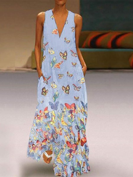 butterfly printed maxi shift dress