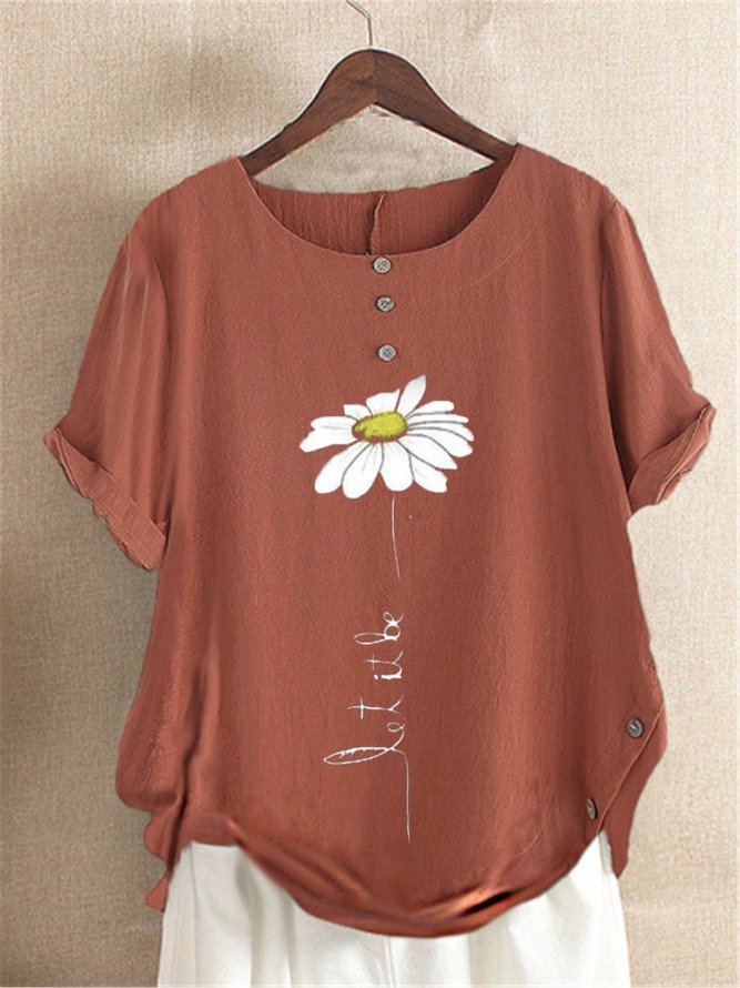 Women Casual Crew Neck Daisy Floral Buttoned Loose Summer Short Sleeve Blouse