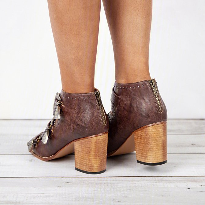 Womens Vintage Chunky Heel Sandals Zipper Shoes