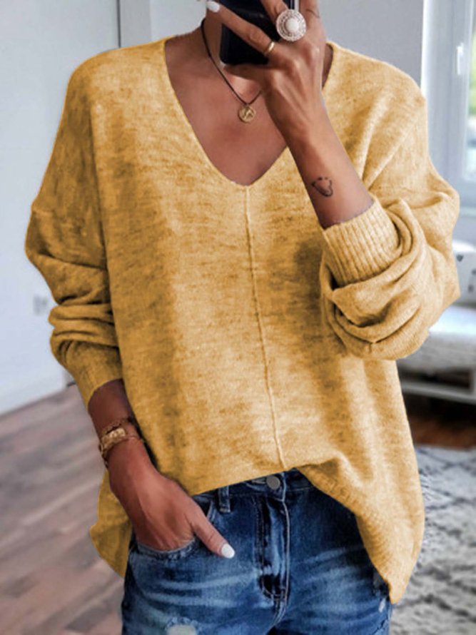 Solid Long Sleeve V-neck Knitted Top