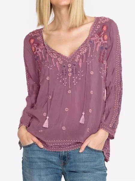 Women Long Sleeve V Neck Floral Embroidered Blouse