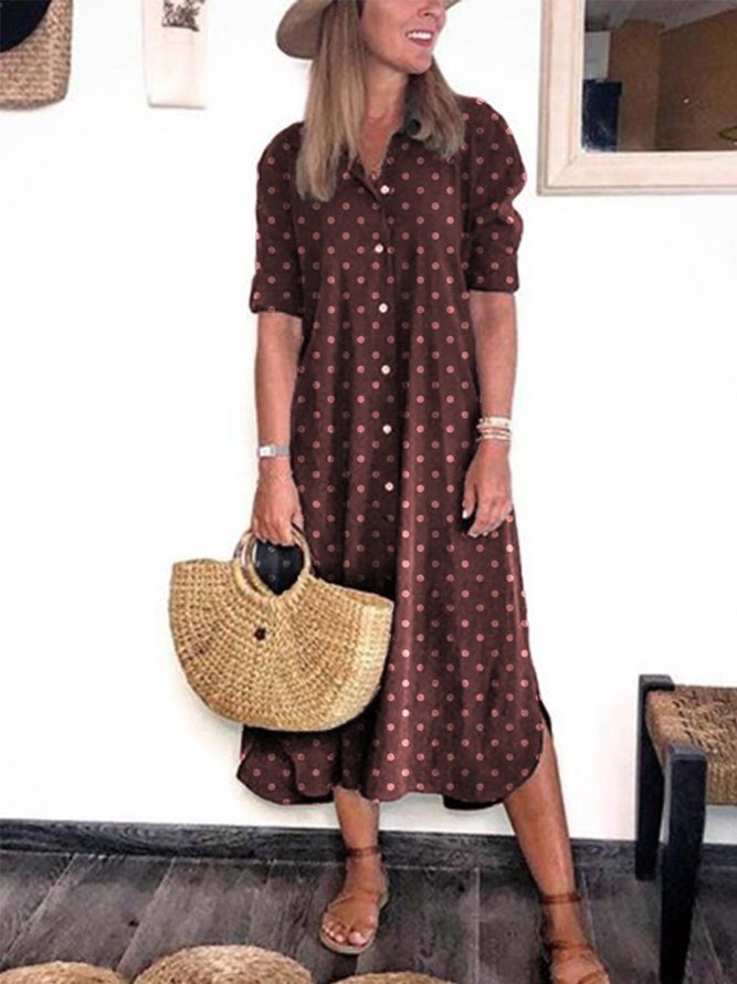 Casual Polka Dots TurnDown Collar Buttoned Long Sleeve Dress roselinlin
