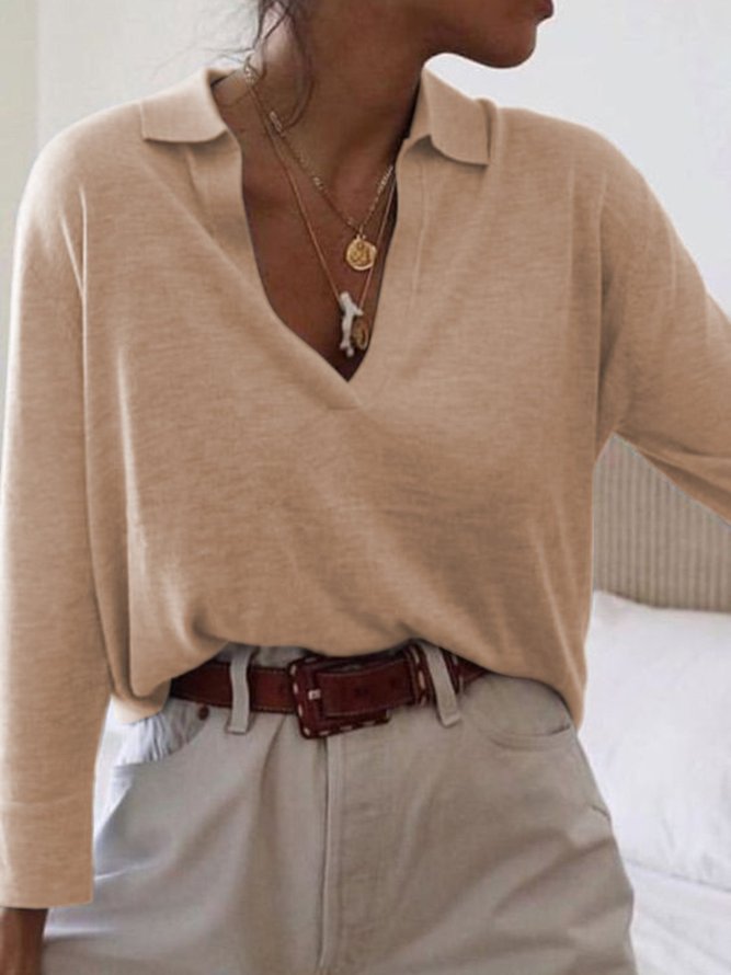 Long Sleeve Solid Cotton Shirt Collar Top