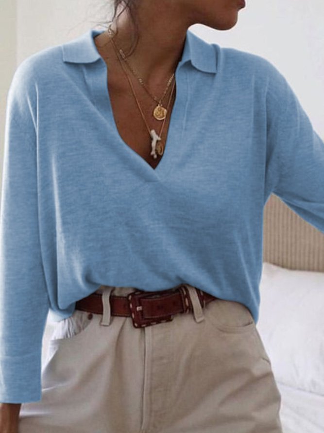 Long Sleeve Solid Cotton Shirt Collar Top