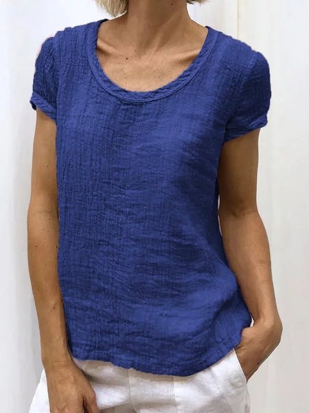 Women Solid Round Neck Cotton Casual Top