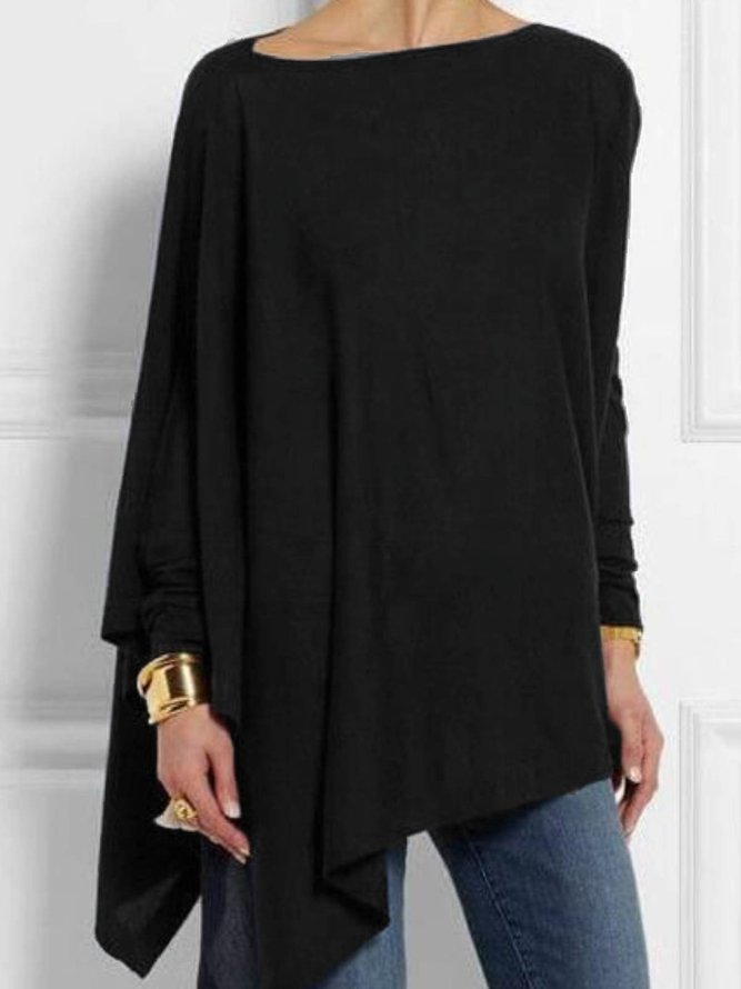 Women Solid High Low Round Neck Long Sleeve Shift Blouses&Shirts