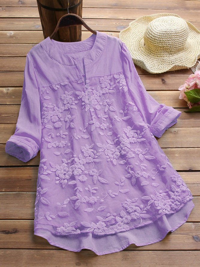 Lace Plain V Neck Cotton Long Sleeve Tunic