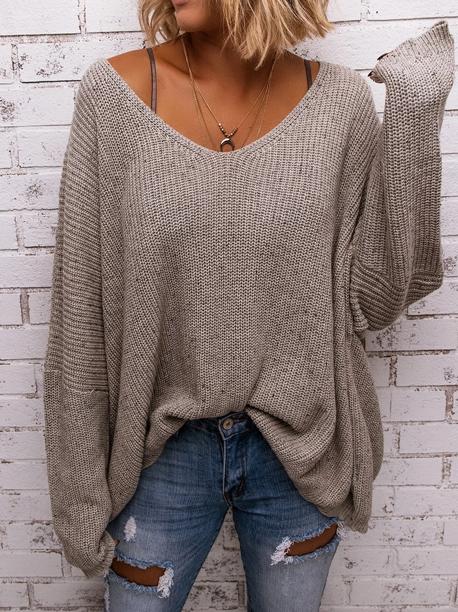 Women Gray V Neck Casual Knitted Solid Sweater
