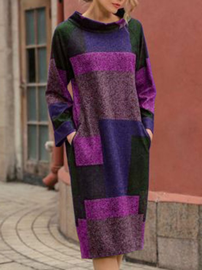 Pockets Stand Collar Women Sweater Dress Going Out Geometric Sweater Dress