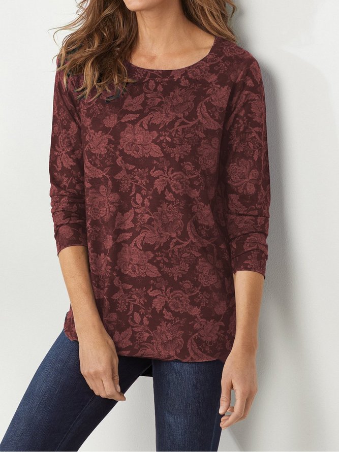 Casual Floral Round Neck Long Sleeve T-shirt