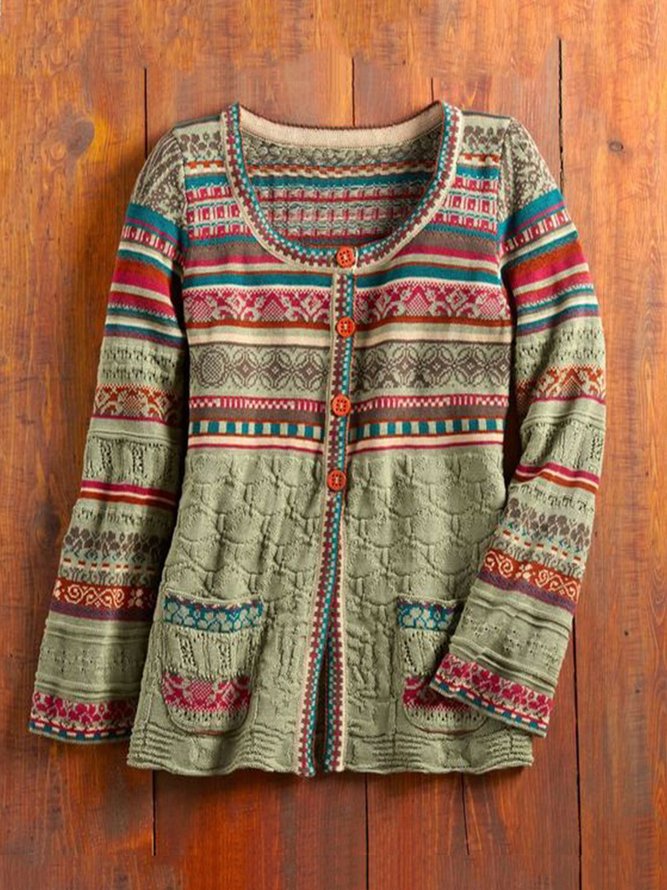 Green Vintage Tribal Knitted Crew Neck Sweater
