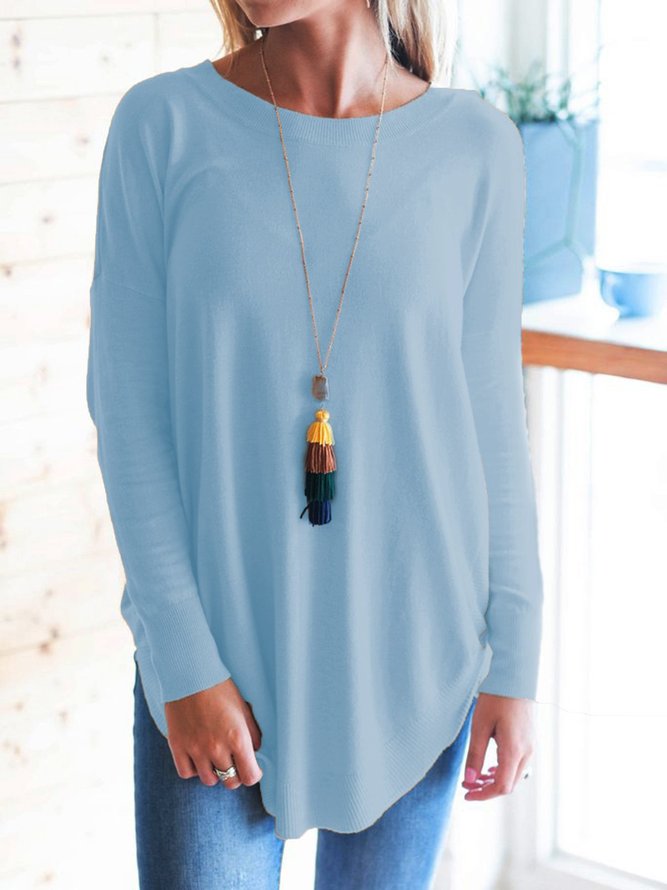 Knitted Solid Long Sleeve Blouse & Shirt