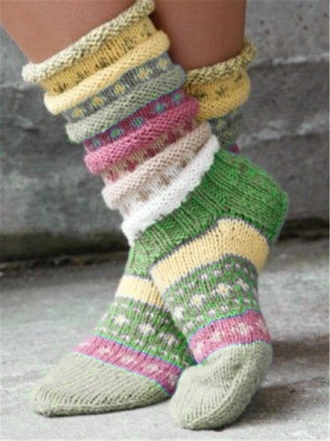 Casual Striped Color Block Wool/Knitting Socks