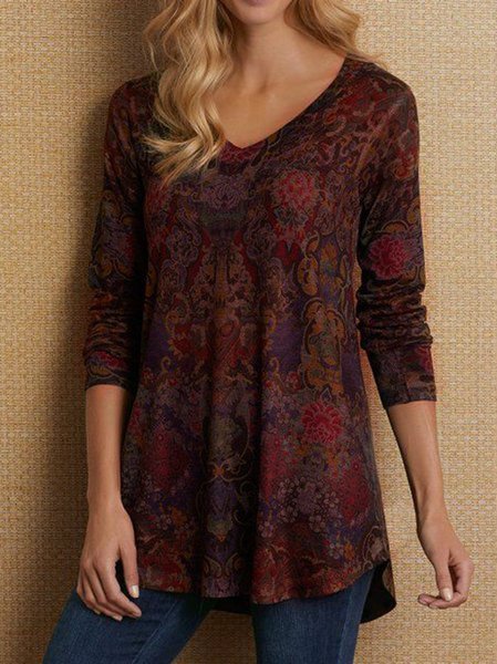 Women Autumn Fashion O-Neck Flare 3/4 Flare Sleeve Slim Fit Floral Print Tops