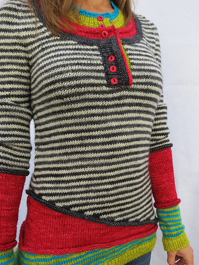 Red Wool Blend Long Sleeve Striped Paneled Sweater