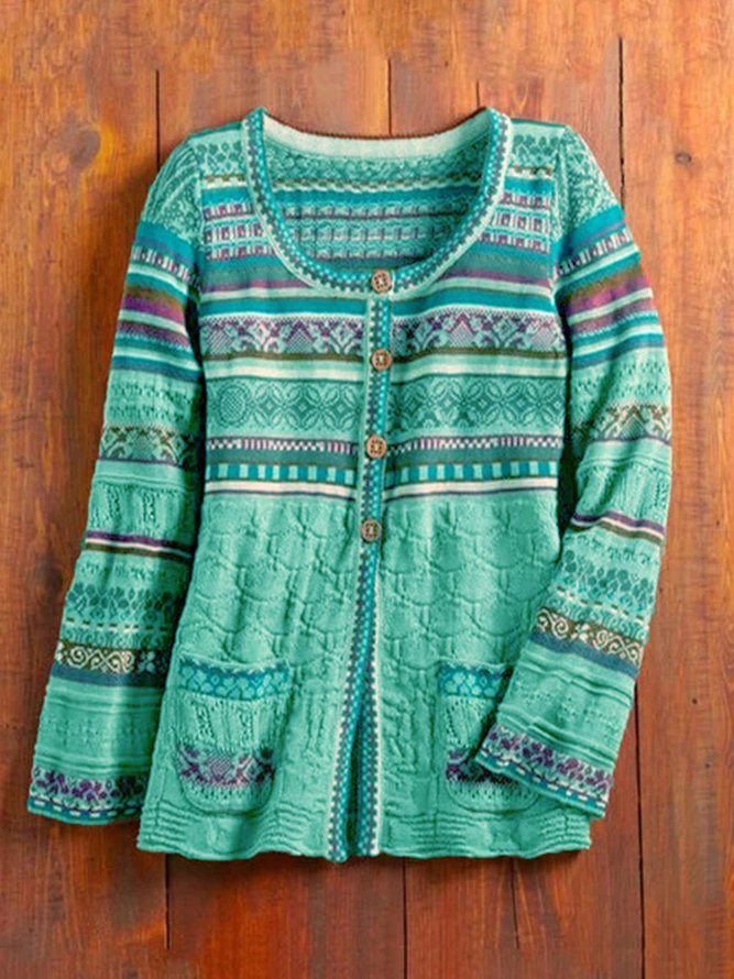 Green Vintage Tribal Knitted Crew Neck Sweater