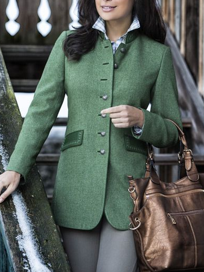Green Paneled Casual Plain Wool Blend Outerwear | roselinlin
