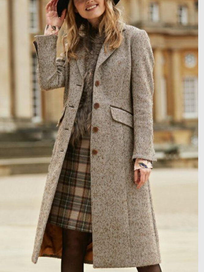Women Vintage Plain Spring Mid-weight Micro-Elasticity Split Joint Long sleeve Wool-Blend Knee-high Overcoat