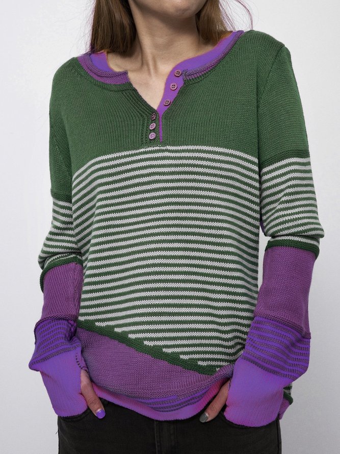 Striped Buttoned Color-block Knitted Tops