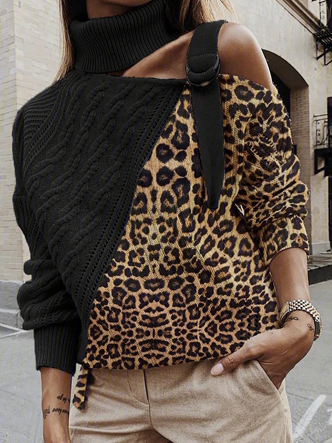 Knitted Leopard Paneled Sweater Plus Size Pullover