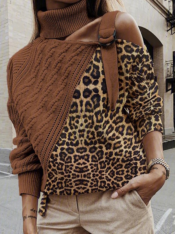 Knitted Leopard Paneled Sweater Plus Size Pullover