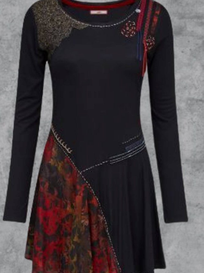Multicolor Cotton-Blend Casual Long Sleeve Knitting Dress