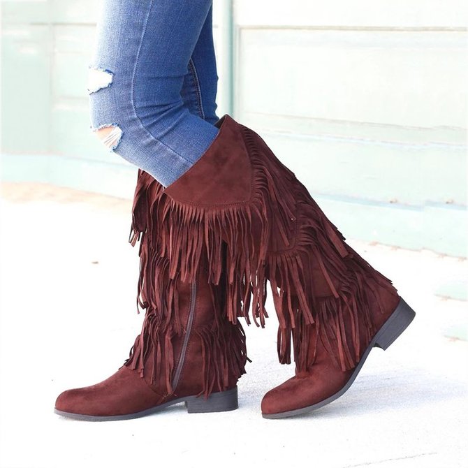 fringe heel boots