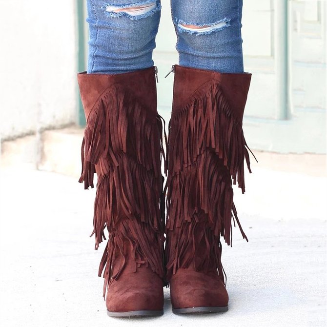 low heel fringe boots