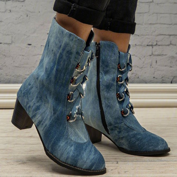 Lace-Up Denim Chunky Heel Boots Round Toe Booties | roselinlin