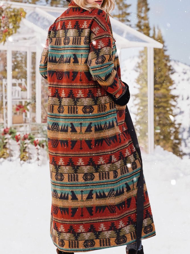 Women Lace Up Tribal Shawl Collar Boho Sweater coat With Belt