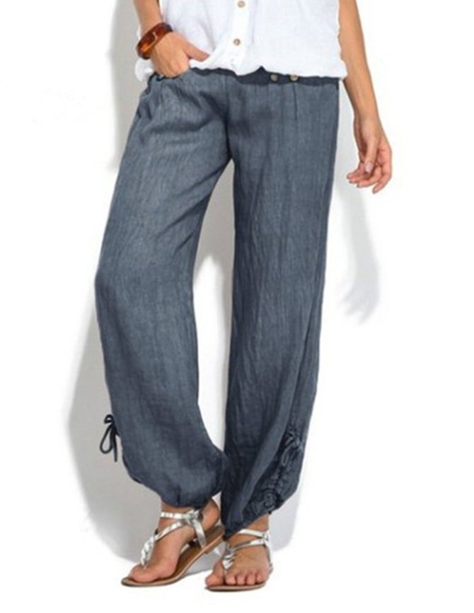 Solid Casual Buttoned Cotton Pockets Pants