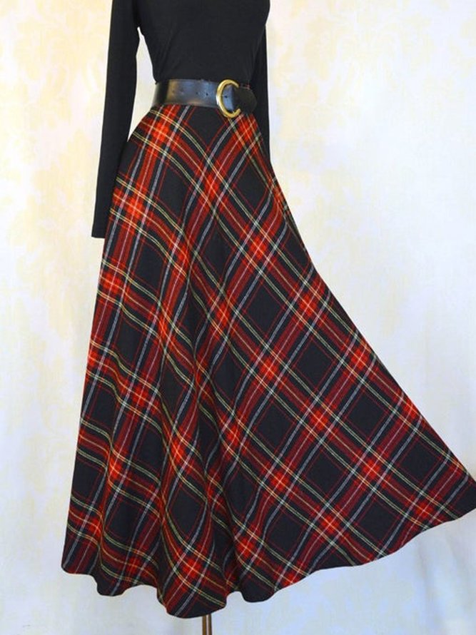Black-Red Paneled Cotton-Blend Vintage Swing Skirts