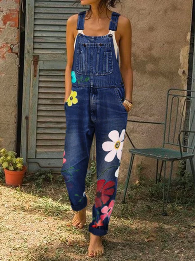 Women Sleeveless Pocket Floral-Print Denim Jumpsuits