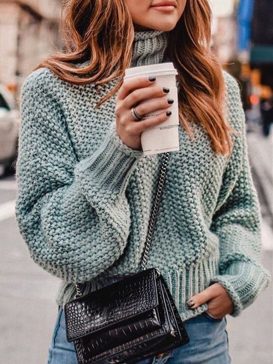 Women Long Sleeve Cotton-Blend Cotton-blend Turtleneck Sweater