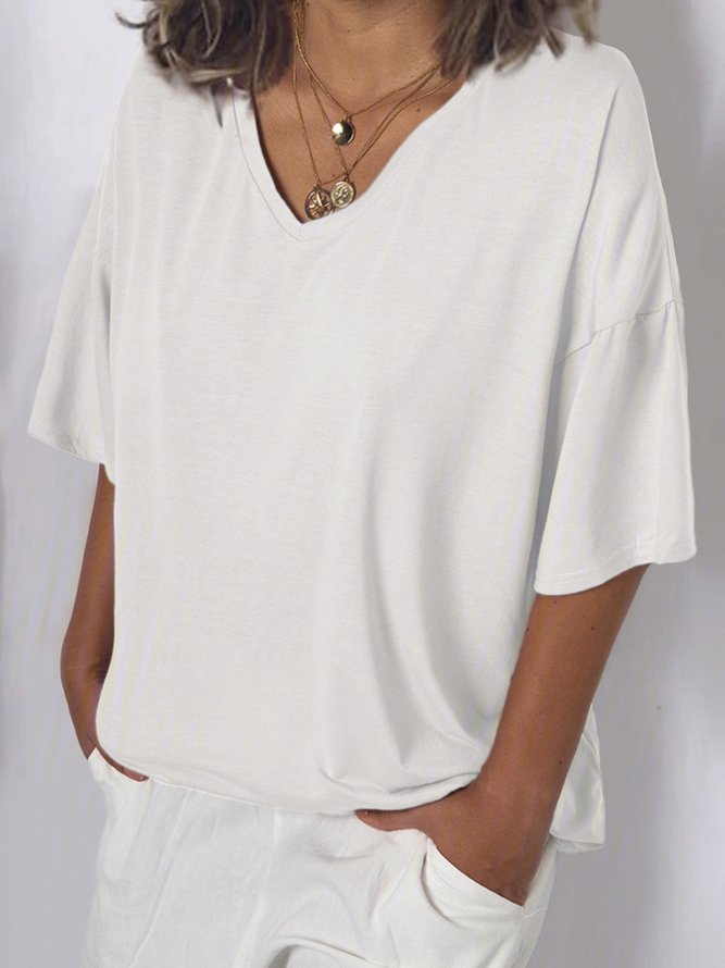 Summer Basic Short Sleeve Cotton Solid V Neck T Shirt Tee
