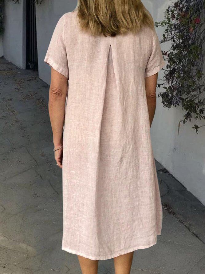 Women Summer Pockets Solid Linen Weaving Dress
