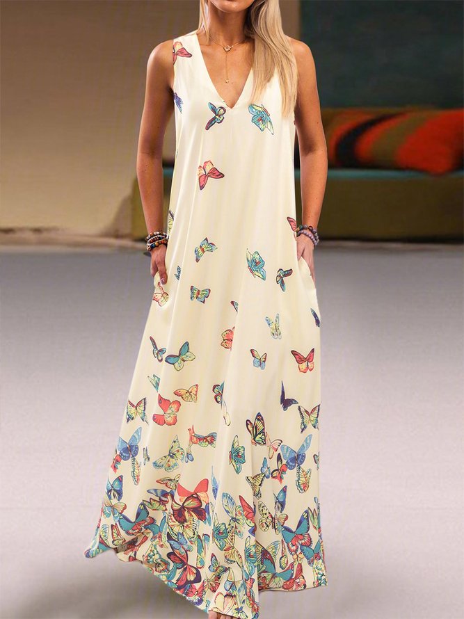 butterfly printed maxi shift dress