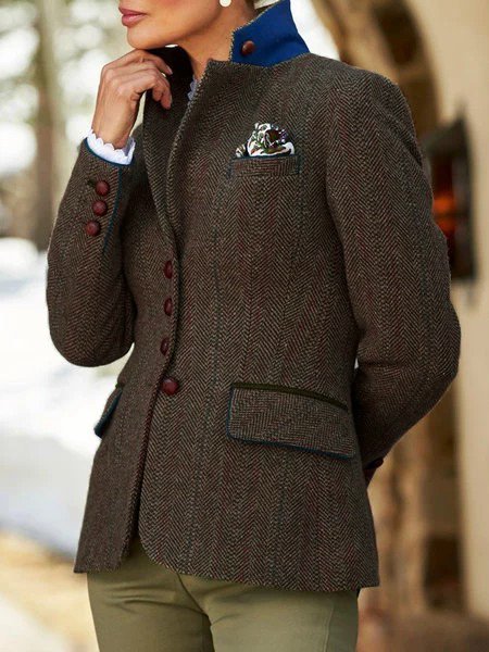 Brown Stand Collar Vintage Plain Wool Blend Blazer